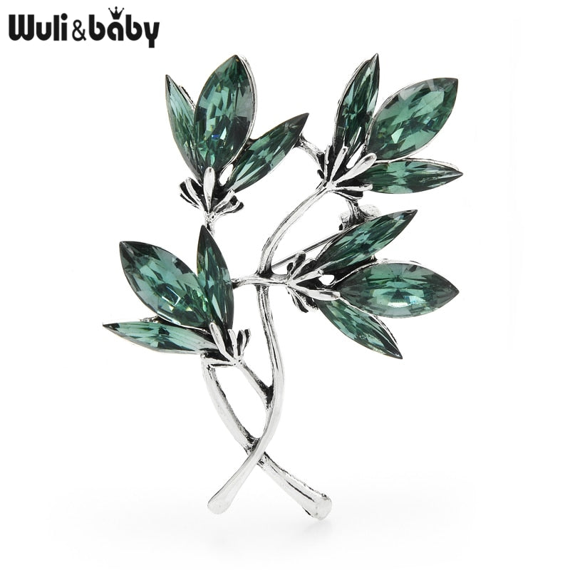 Wuli&baby Green Sparlking Crystal Brooch Pins Flower Women Fashion Brooches Leaf Badge Trendy Jewelry Gift